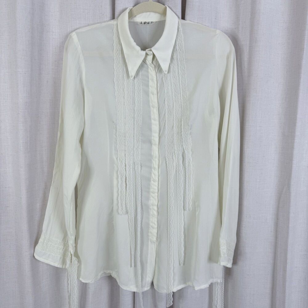 cream sheer lace women's blouse hidden snap front victorian edwardian poet top - Picture 2 of 11